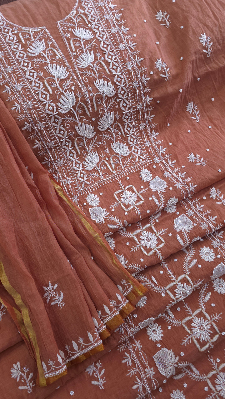 Premium Mul Chanderi Pearl, Cutdana & Kasab Hand Embroidered Unstitched Suit Set