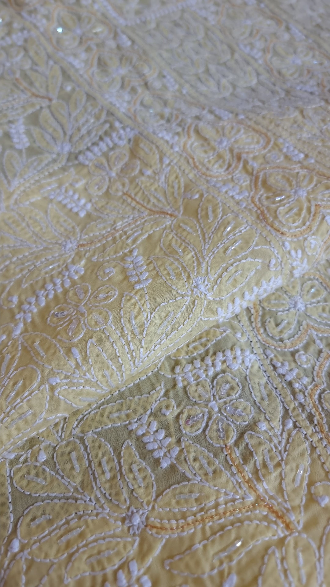 Unstitched Cotton Hand Embroidered Chikankari Dress Material with Cutdana, Resham & Badla Work | Pure Chiffon Dupatta | Lucknowi Artistry