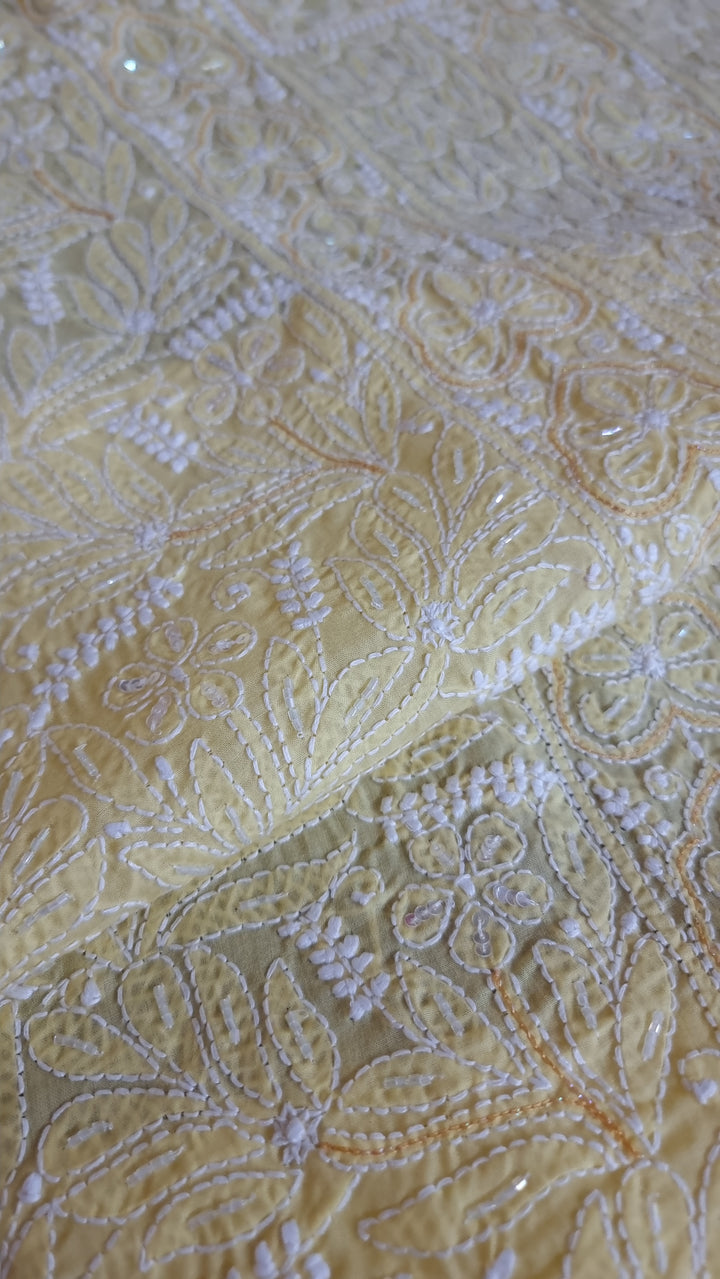 Unstitched Cotton Hand Embroidered Chikankari Dress Material with Cutdana, Resham & Badla Work | Pure Chiffon Dupatta | Lucknowi Artistry