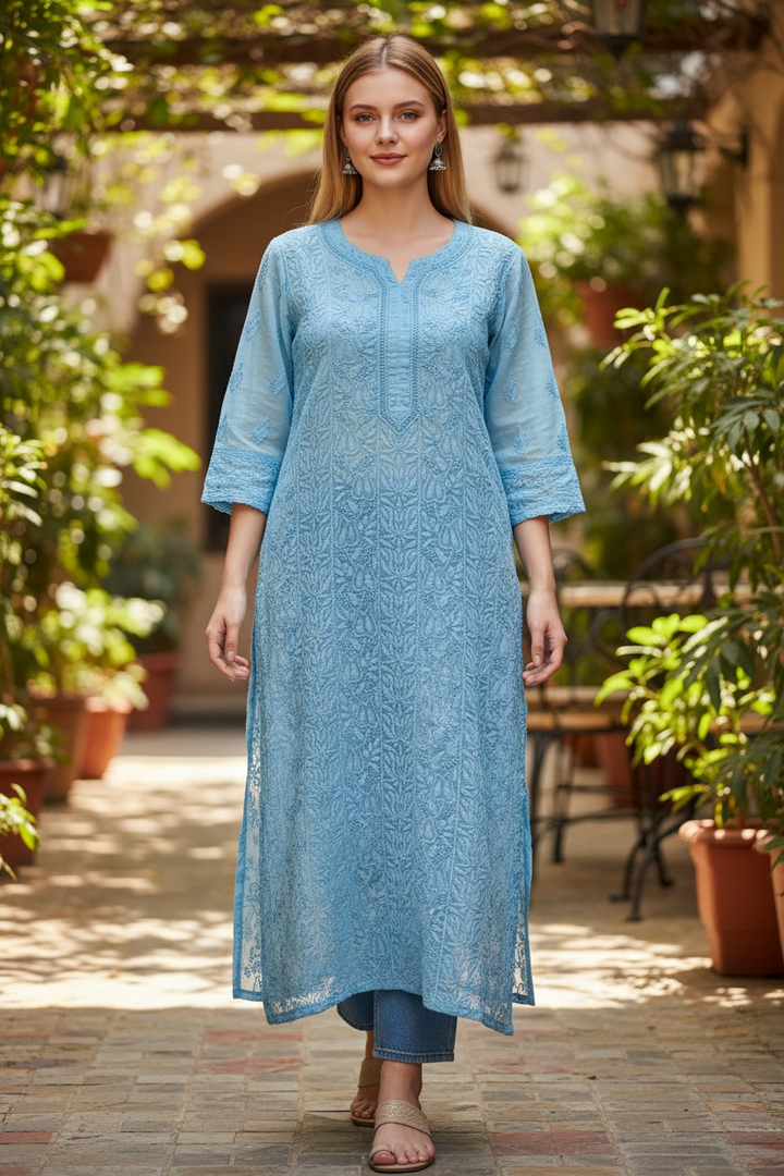 Georgette chikankari long kurti