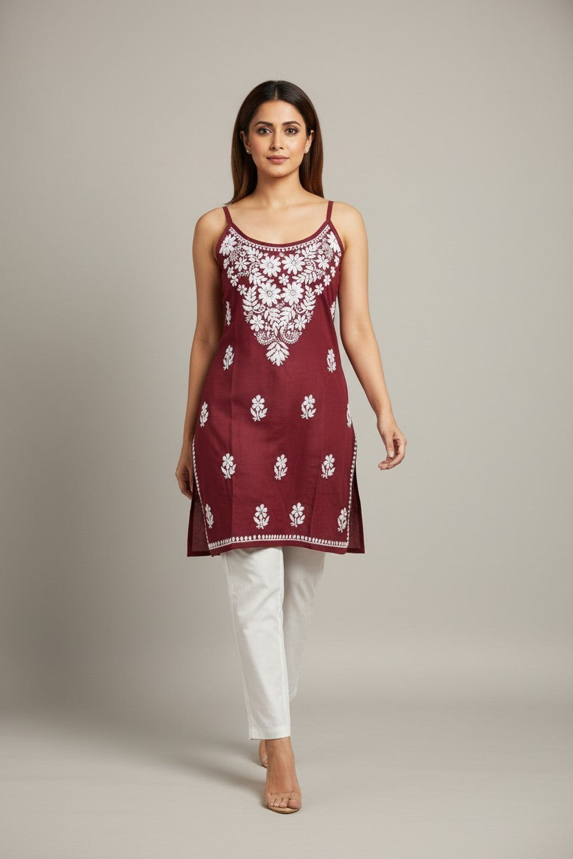 Heer Pure modal Chikankari noodle strap  Top | Lucknow Hand Embroidery | Soft Cotton modal Women's Top | Paridhan Chikan