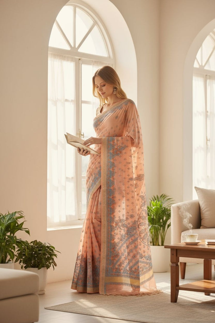 Hand Embroidered Chikankari Banarasi Silk Saree with Intricate Border & Palla Pattern – Includes  Blouse | Paridhan Chikan