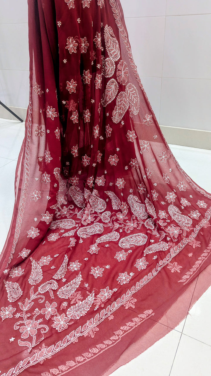 Faux Georgette Hand Chikankari Saree with Exclusive Border & Palla Design | Embroidered Blouse Included | Authentic Lucknow Handicraft by Paridhan Chikan