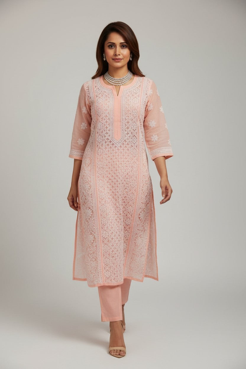 Mahi Women's Chikankari Georgette Full Embroidered Kurta | Hand Embroidered Lucknowi Ethnic Wear
