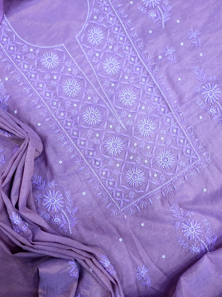 Soft Tissue Chikankari Unstitched Dress Material | 3 Taar Hand Embroidery with Pearl & Cutdana Work + Golden Border Dupatta