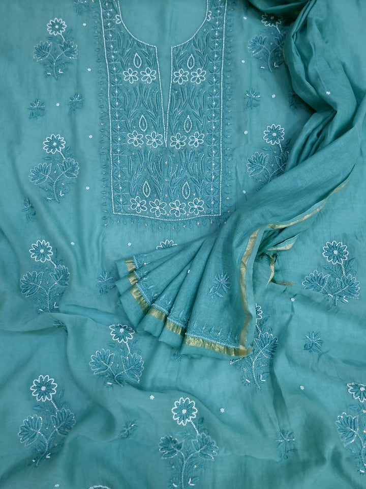 Premium Mul Chanderi Supersoft Dyeable Chikankari Dress Material | Hand Embroidered with Pearls & Cutdaana | Kurta & Dupatta Set