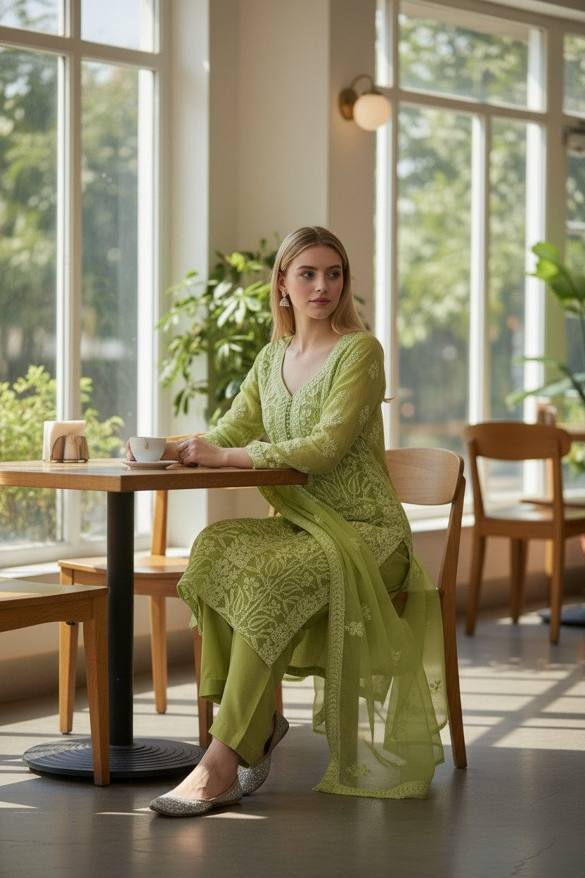 Unstitched Georgette Chikankari Dress Material | Hand Embroidered Kurta, Bottom & Dupatta