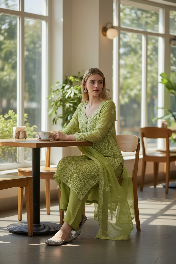 Unstitched Georgette Chikankari Dress Material | Hand Embroidered Kurta, Bottom & Dupatta
