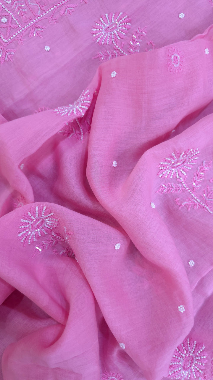 Hiba Premium Mul Chanderi Supersoft Dyeable Chikankari Dress Material | Hand Embroidered with Pearls & Cutdaana | Kurta & Dupatta Set
