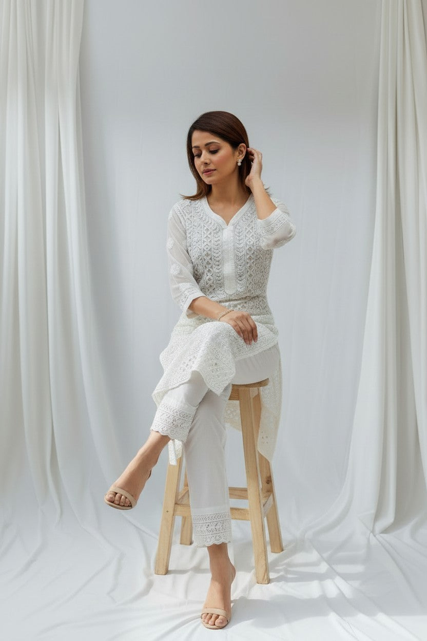 Raha Women’s Georgette Chikankari Kurti –Pearl, mirror n aari work -Designer Hand Embroidered Lucknowi Craft by Paridhan Chikan