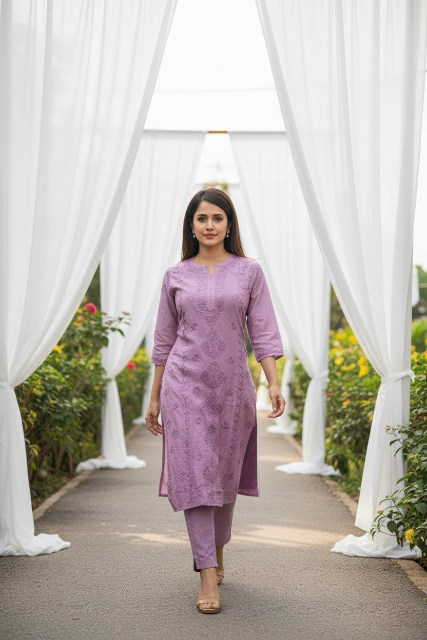 Heena Chanderi Chikankari Kurti – 100% Hand Embroidered, Non-Transparent