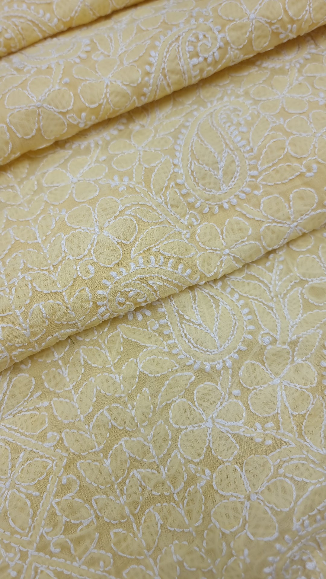 "Pastel Yellow Lucknowi Chikankari Unstitched Cotton Suit Set – Kurta, Bottom & Dupatta by Paridhan Chikan"