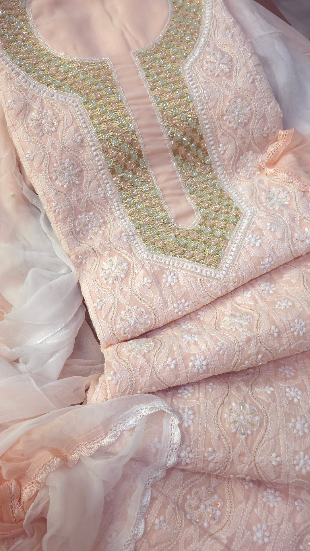 Afreen Premium Hand Embroidered Chikankari Cotton Unstitched Dress Material with Pure Chiffon Dupatta