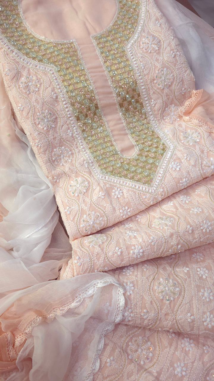 Afreen Premium Hand Embroidered Chikankari Cotton Unstitched Dress Material with Pure Chiffon Dupatta
