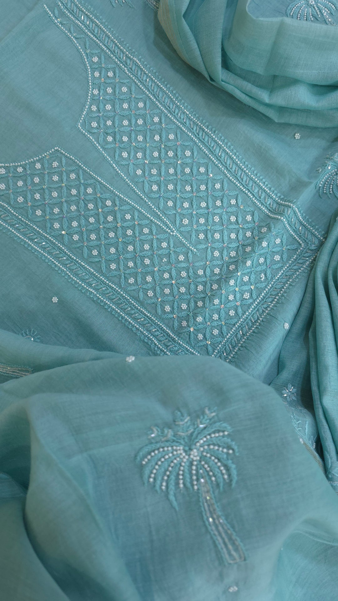 Hiba Premium Mul Chanderi Supersoft Dyeable Chikankari Dress Material | Hand Embroidered with Pearls & Cutdaana | Kurta & Dupatta Set