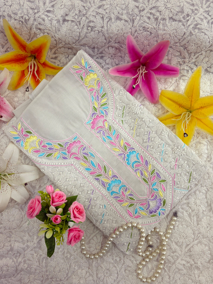 Cotton Resham Neckline chikankari dress material- Grey