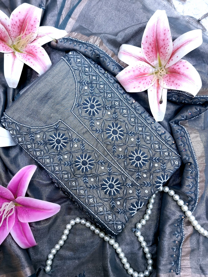 Soft Tissue Chikankari Unstitched Dress Material | 3 Taar Hand Embroidery with Pearl & Cutdana Work + Golden Border Dupatta