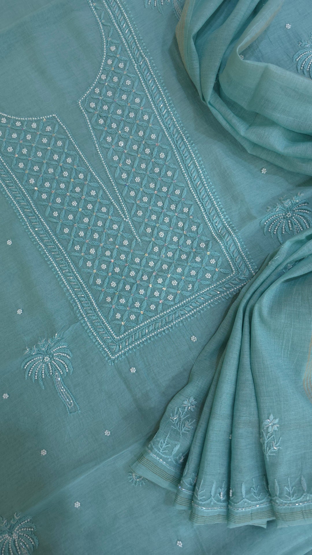 Hiba Premium Mul Chanderi Supersoft Dyeable Chikankari Dress Material | Hand Embroidered with Pearls & Cutdaana | Kurta & Dupatta Set