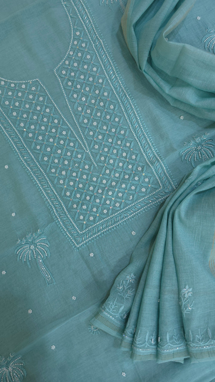 Hiba Premium Mul Chanderi Supersoft Dyeable Chikankari Dress Material | Hand Embroidered with Pearls & Cutdaana | Kurta & Dupatta Set
