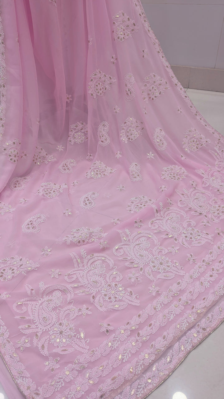 Embellished with Gota Patti | Hand Chikankari Faux Georgette Saree | Lucknowi Embroidery | Designer Festive Wear by Paridhan Chikan
