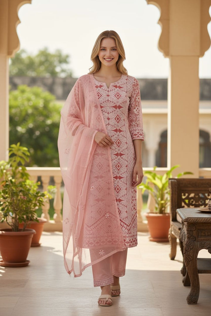 Unstitched Georgette Chikankari Dress Material | Hand Embroidered Kurta, Bottom & Dupatta