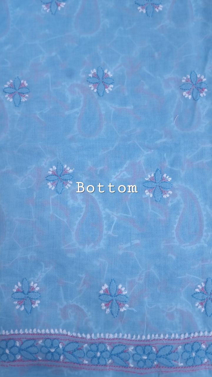 Lucknow Chikankari Hand Embroidered Cotton Dress Material with Tri-Color Motifs & Pure Chiffon Dupatta
