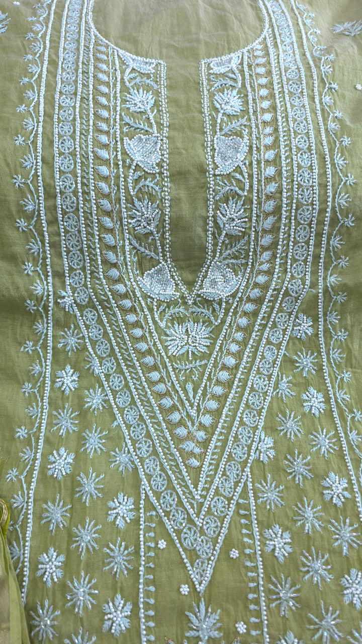Premium Mul Chanderi Pearl, Cutdana & Kasab Hand Embroidered Unstitched Suit Set