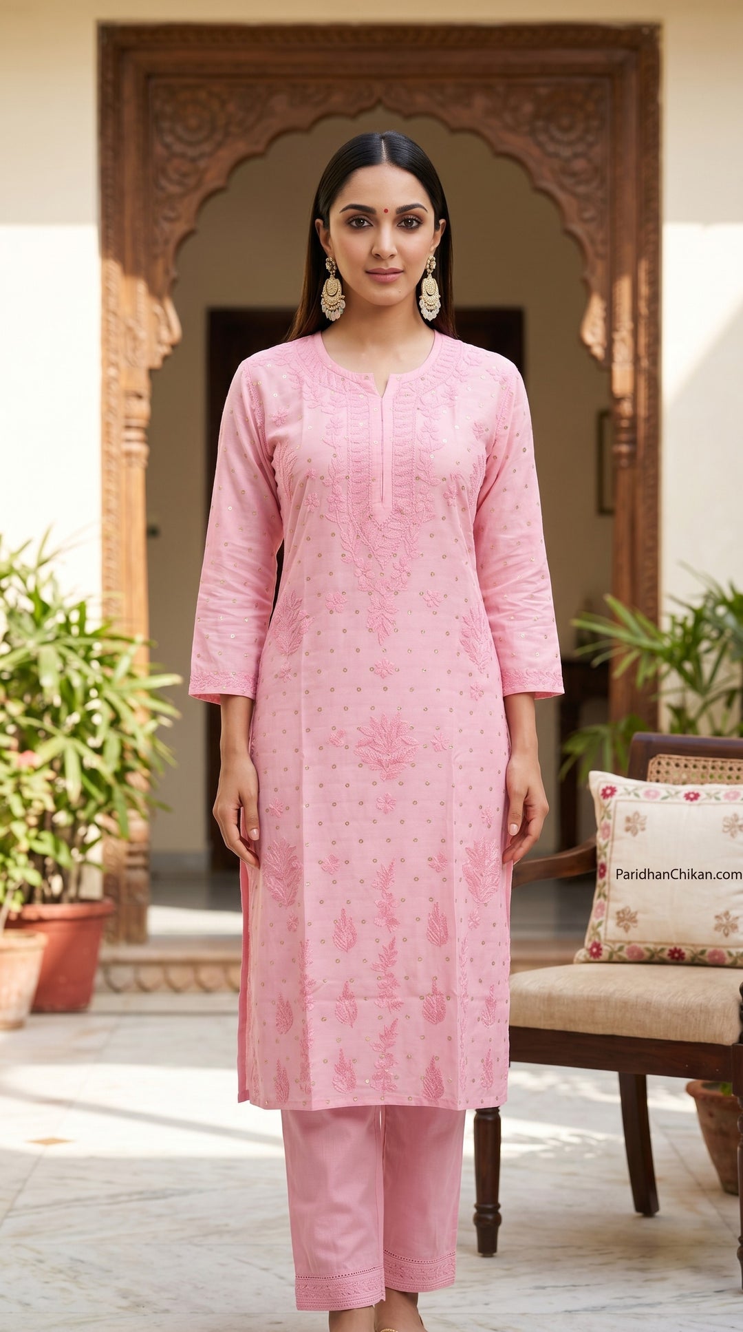 Kiara Chikankari Chanderi Golden Zari Buti Kurti for Women | Soft Non-Transparent | Paridhan Chikan