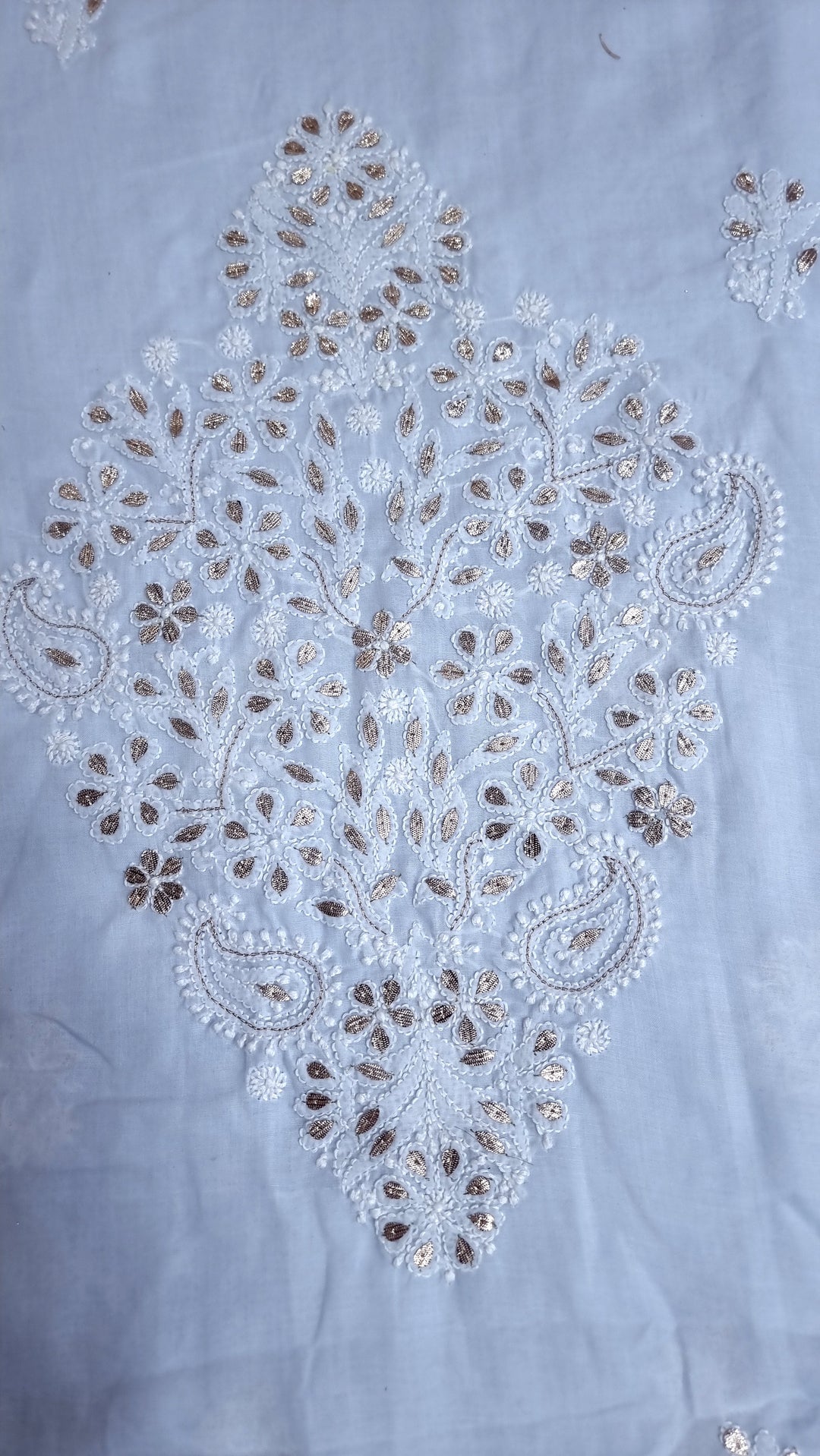 Powder Blue Unstitched Soft Cotton Chikankari Suit Set – Aari, Kasab & Gotta Patti Embellished with Pure Chiffon Dupatta