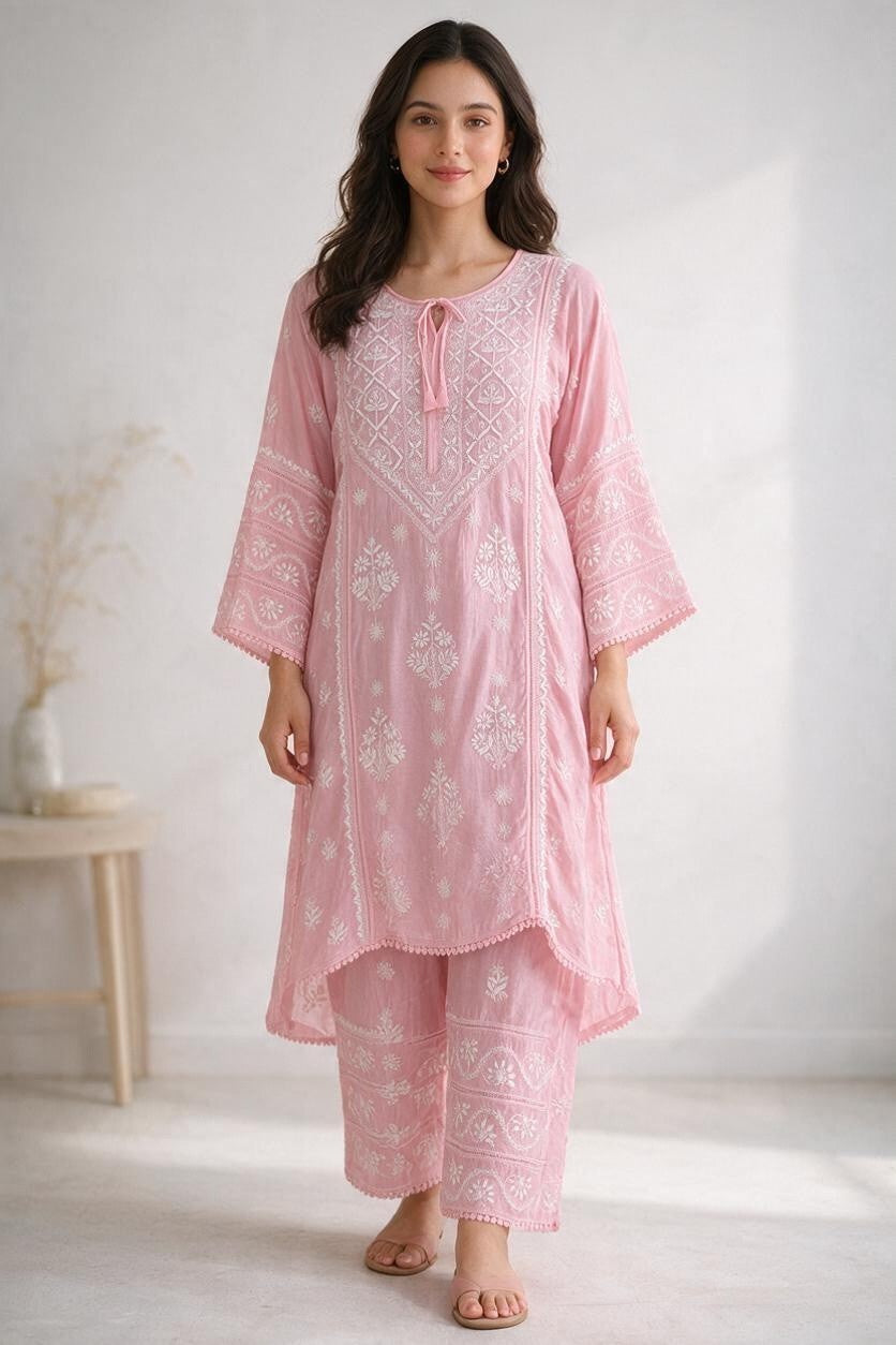 Luxe-Pure muslin luxurious kurti pants set with *2 taar chikankari work*