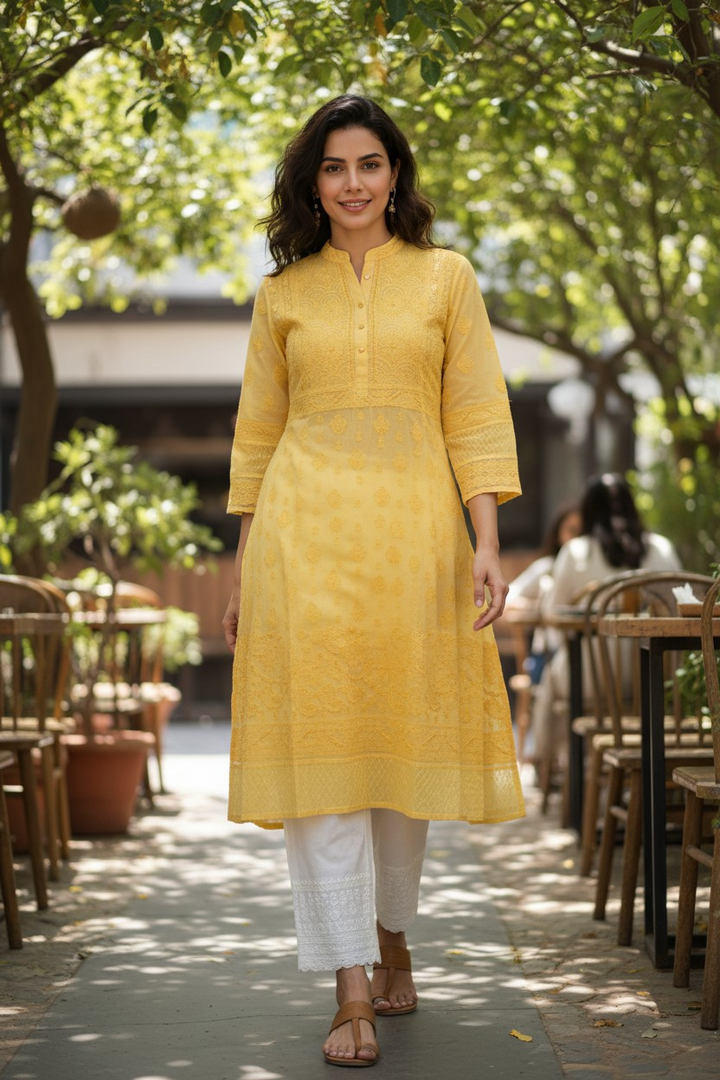 Cotton Lucknowi Chikankari 46" Long A-line Kurti | 100% Hand Embroidered| No Shrinkage