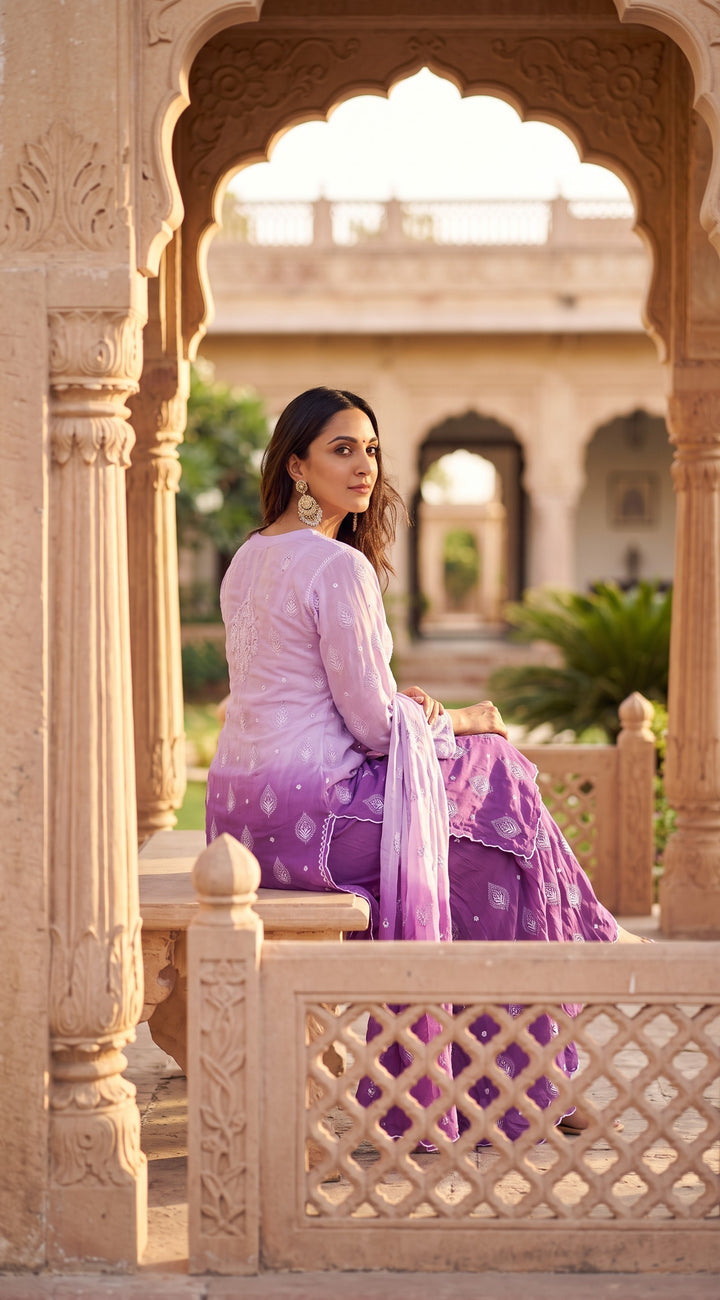 Luxe-Pure crepe luxurious kurti sharara set with *2 taar chikankari work*