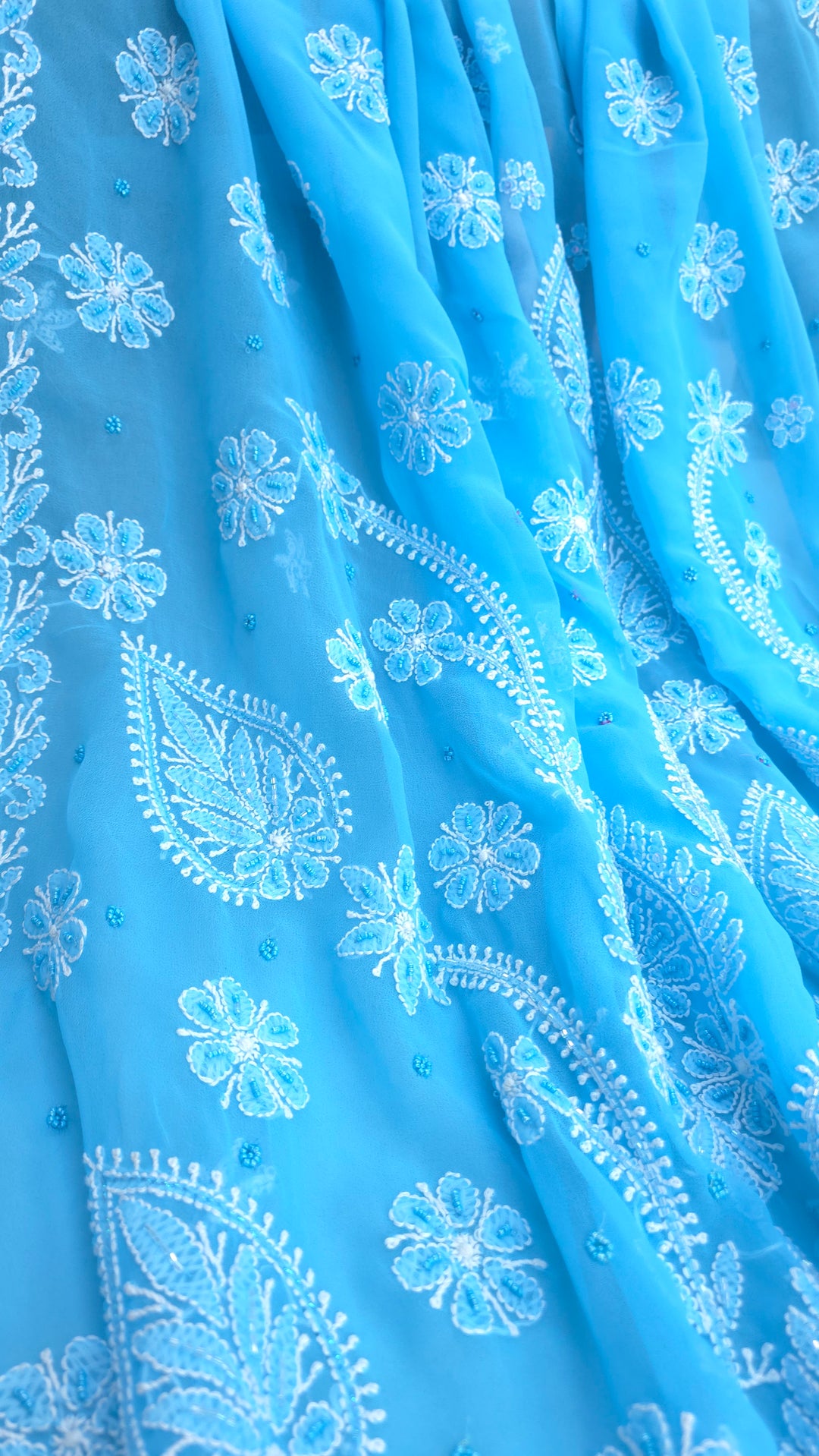Pearl Chikankari Saree on Faux Georgette with Matching Blouse | Hand Embroidered Lucknowi Saree | Paridhan Chikan Heritage Collection