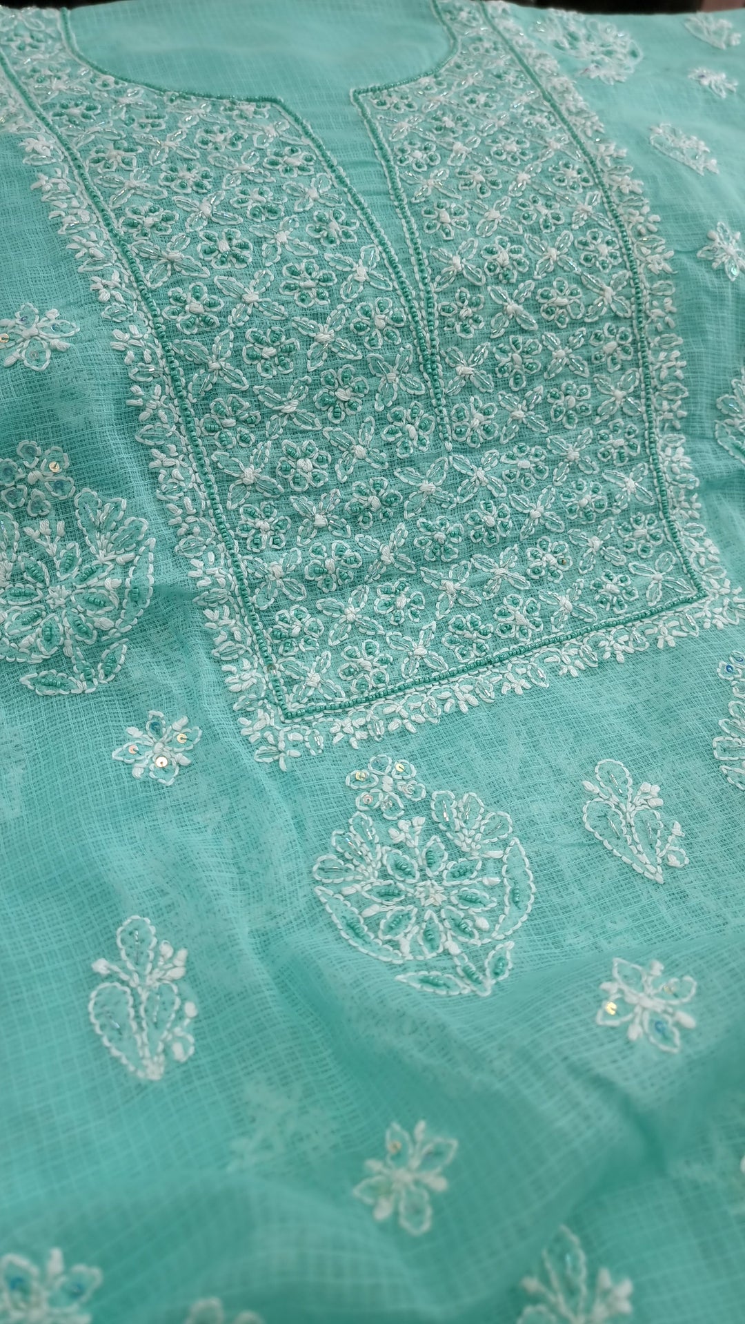 KOTA CHIKANKARI DRESS MATERIAL WITH PEARL - TERQUOISE