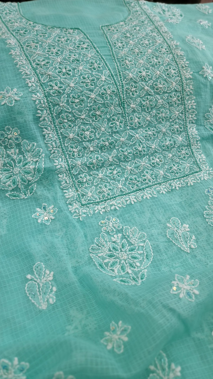 KOTA CHIKANKARI DRESS MATERIAL WITH PEARL - TERQUOISE