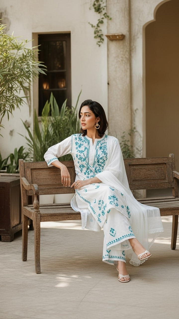 Ananya Rayon Colored Thread Chikankari Kurta Palazzo Dupatta Set | Lucknow Hand Embroidery | Paridhan Chikan