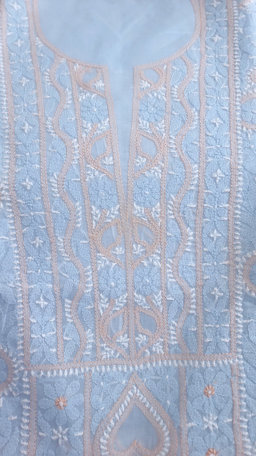 Lucknow Chikankari Hand Embroidered Cotton Dress Material with Tri-Color Motifs & Pure Chiffon Dupatta