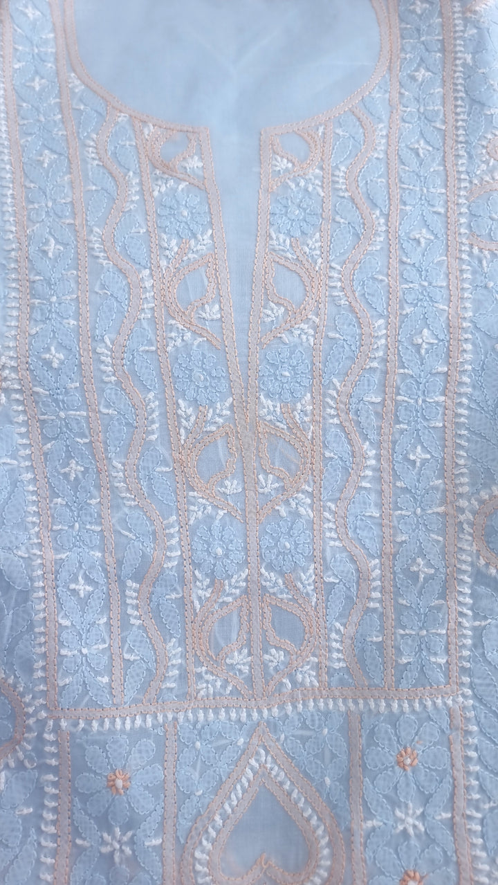 Lucknow Chikankari Hand Embroidered Cotton Dress Material with Tri-Color Motifs & Pure Chiffon Dupatta