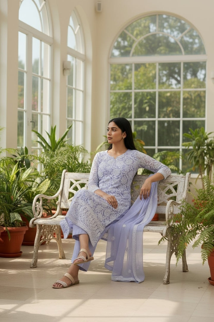 Unstitched Georgette Chikankari Dress Material | Hand Embroidered Kurta, Bottom & Dupatta