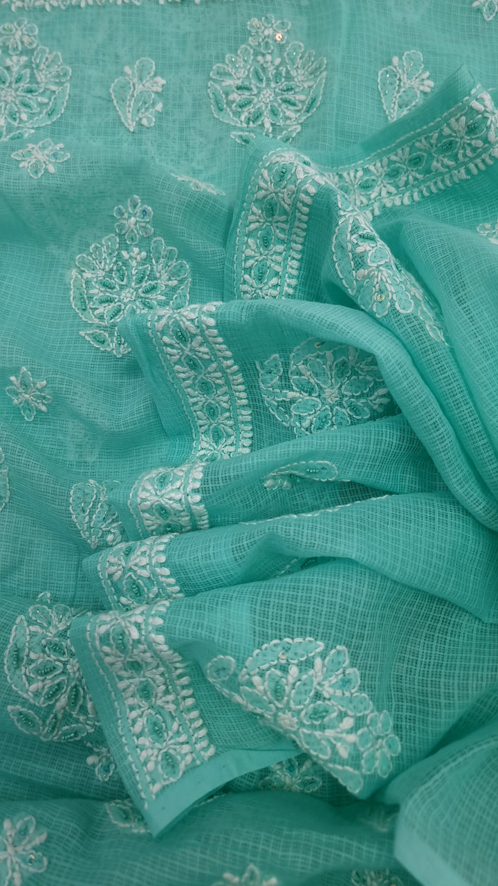 KOTA CHIKANKARI DRESS MATERIAL WITH PEARL - TERQUOISE