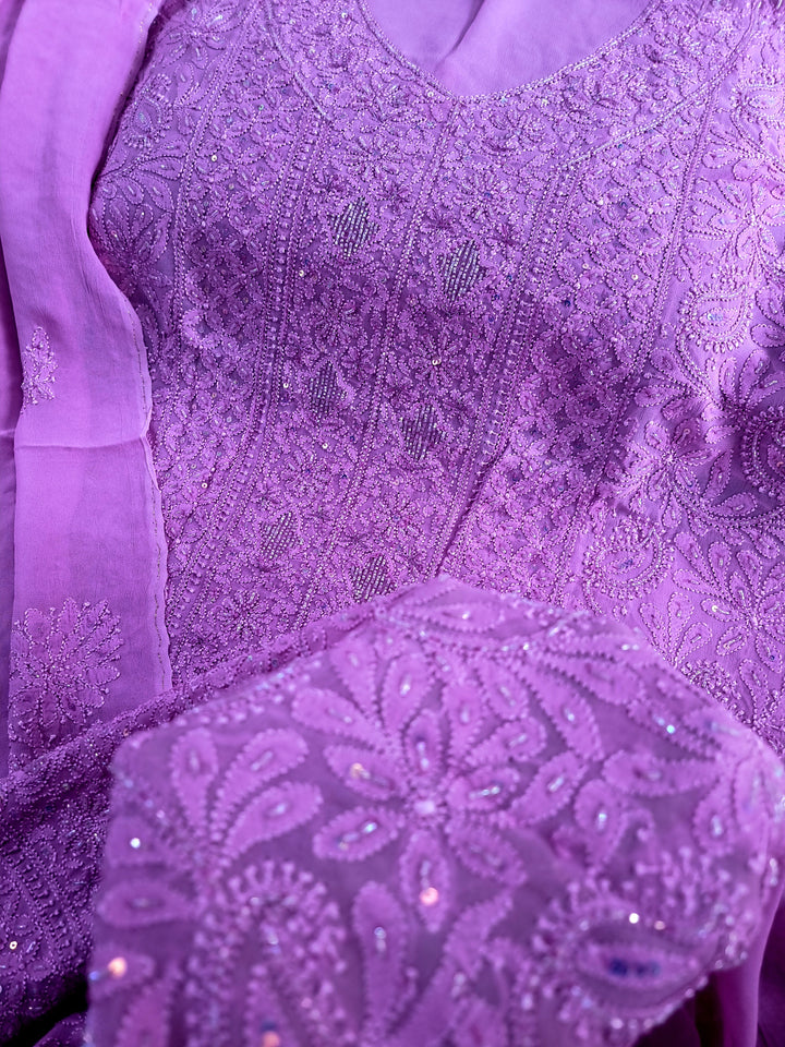 Pure Premium Luxury Georgette Hand-Embroidered Chikankari Dress Material with Dupatta & Crape Bottom – Paridhan Chikan