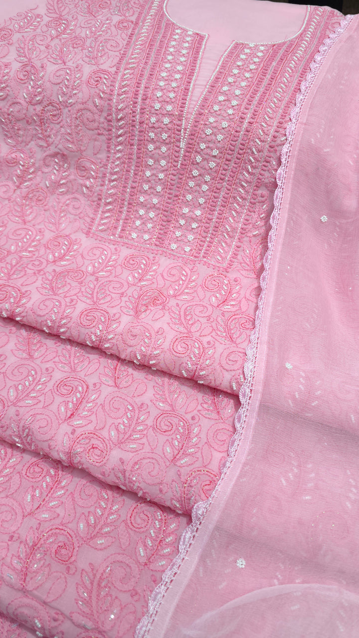 Paridhan Chikan Cotton Chikankari Unstitched Dress Material – 3 Pc Suit Set with Hand Embroidery & Pearl Work in Every Motif