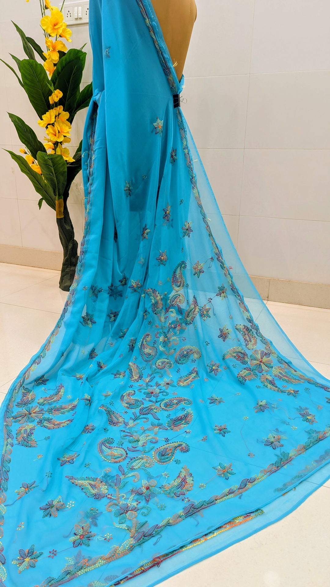 Faux Georgette Hand Chikankari Saree with Exclusive Border & Palla Design | Embroidered Blouse Included | Authentic Lucknow Handicraft by Paridhan Chikan