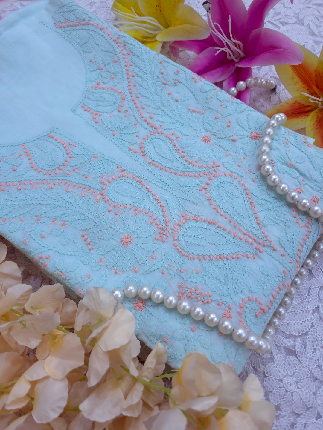 Lucknow Chikankari Hand Embroidered Cotton Dress Material with Tri-Color Motifs & Pure Chiffon Dupatta