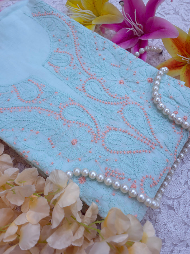 Lucknow Chikankari Hand Embroidered Cotton Dress Material with Tri-Color Motifs & Pure Chiffon Dupatta