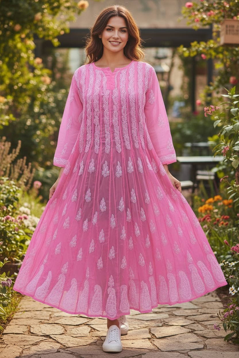 Georgette Lucknowi Chikankari 50" Long Anarkali Kurti | 100% Hand Embroidered| No Shrinkage