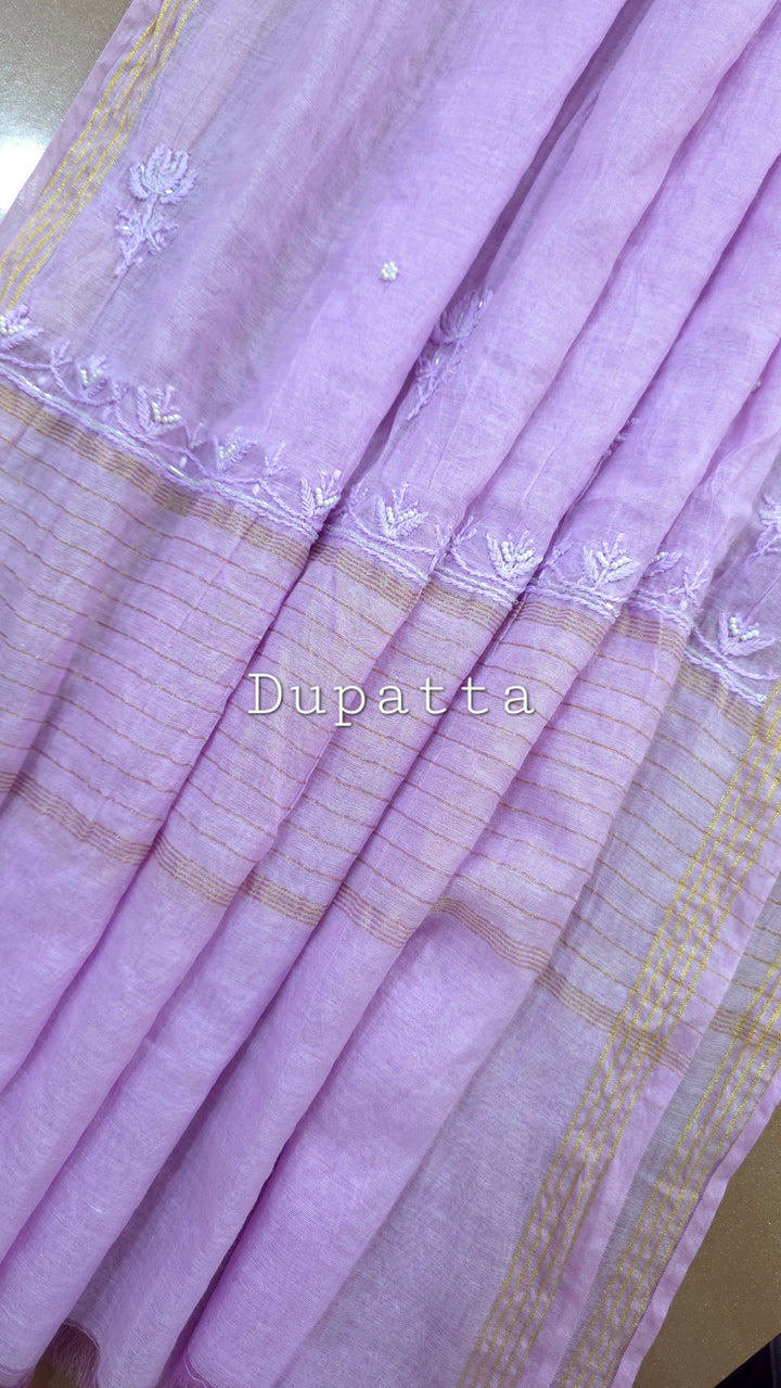 Hiba Premium Mul Chanderi Supersoft Dyeable Chikankari Dress Material | Hand Embroidered with Pearls & Cutdaana | Kurta & Dupatta Set