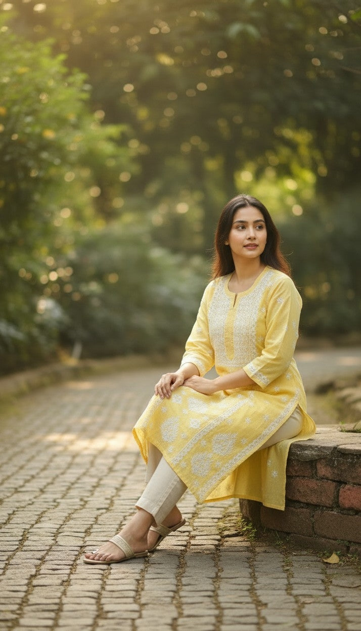 Hand Embroidery Chikankari Linen Kurti - Pastel Yellow