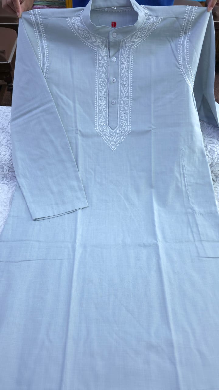 Polo Cotton hand embroidered Men's chikankari kurta-grey