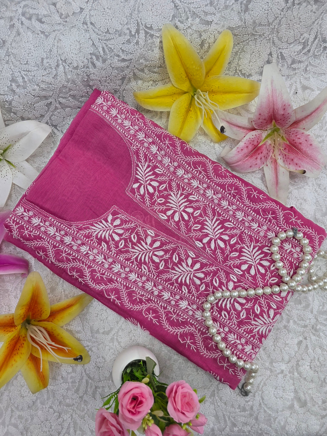 Lucknowi 2 Taar Chikankari Chanderi Kurta Dupatta Set – Handmade Festive Wear